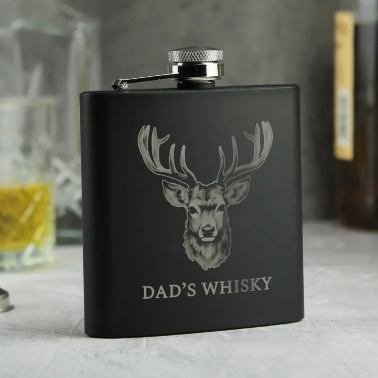 P0104N83 Personalised Stag Motif Black Stainless Steel Hip Flask