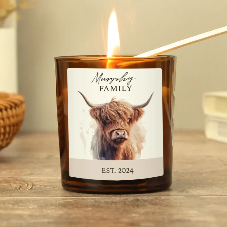 P0512G01 Personalised Highland Cow Motif Scented Amber Glass Jar Candle