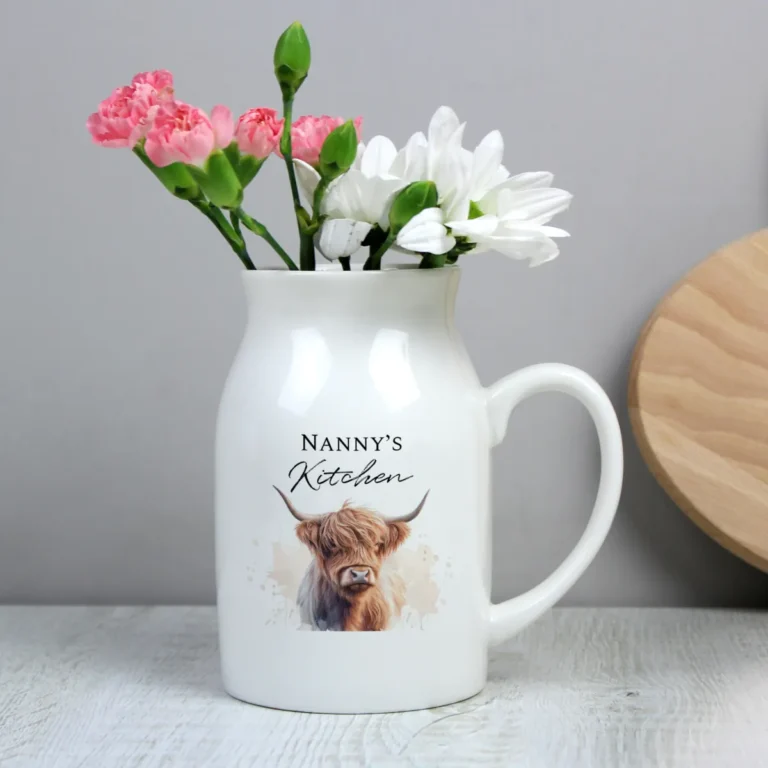 P0805021 Personalised Highland Cow Motif White Ceramic Flower Jug Vase