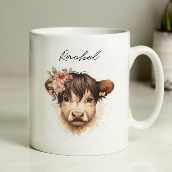 P0805H98 Personalised Highland Cow Motif White Ceramic Mug - For Young Female