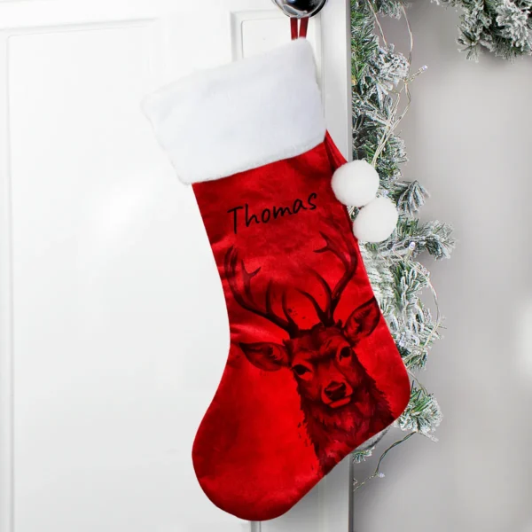 P0810A68 Personalised Stag Motif Red Luxury Pom Pom Christmas Stocking