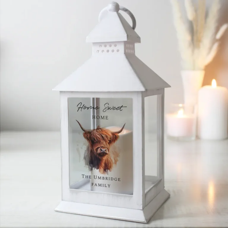 P1007F68 Personalised Highland Cow Motif Rustic White Light-up Lantern