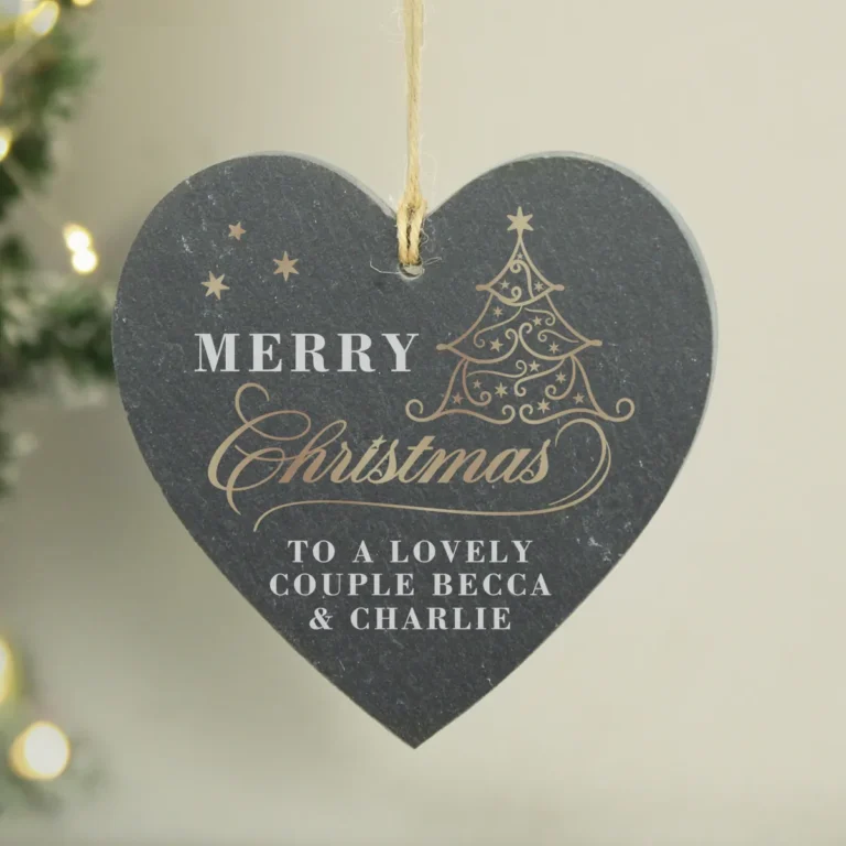 P0105B11 Personalised Gold 'Merry Christmas' Hanging Slate Heart Decoration