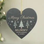 P0105B12 Personalised Christmas Tree Design Hanging Slate Heart Decoration 2