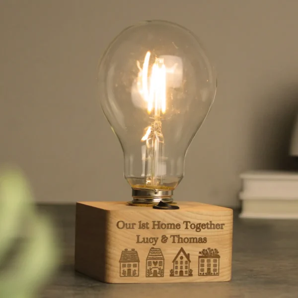 P0107I90 Personalised New Home Design Wooden Base Light Bulb