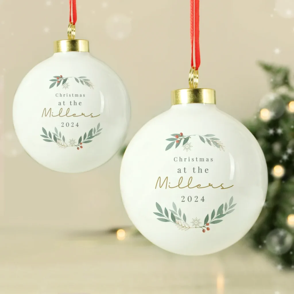 P0305I58 Personalised Christmas Foliage Design White Ceramic Bauble