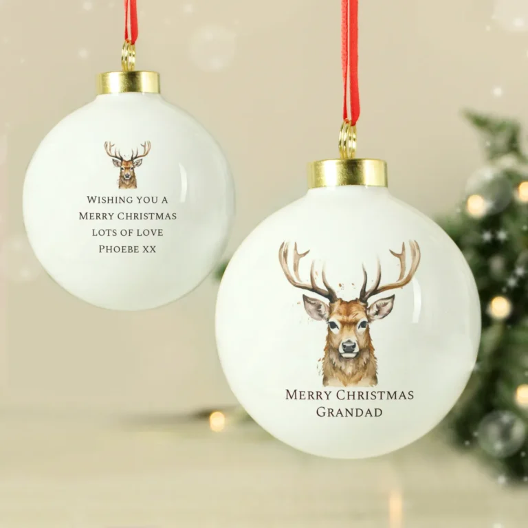 P0305I60 Personalised Watercolour Stag Design White Ceramic Christmas Bauble