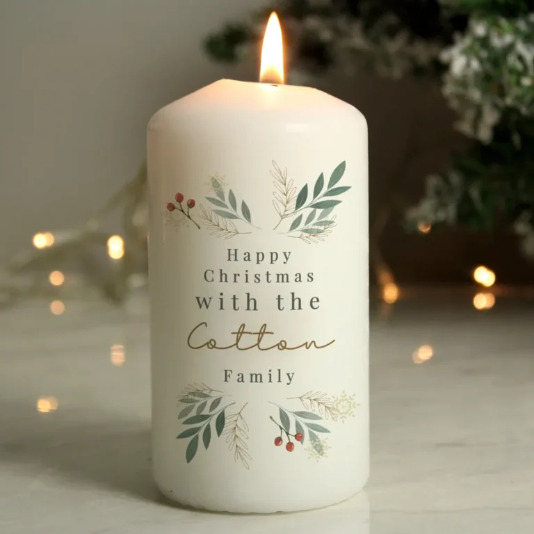 P0409E47 Personalised Christmas Foliage Design Pillar Candle