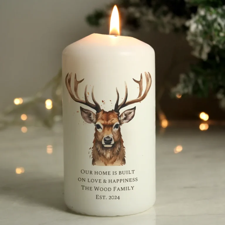 P0409E51 Personalised Watercolour Stag Design Christmas Pillar Candle