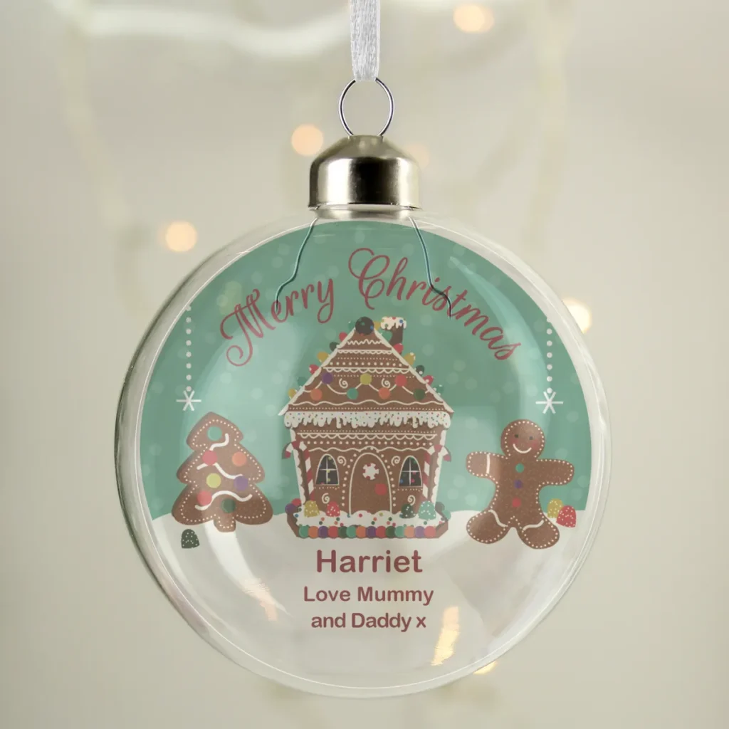 P050763 Personalised 'Merry Christmas' Gingerbread House Design Glass Christmas Bauble