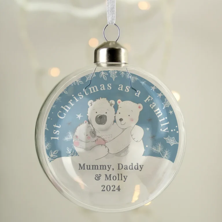 P050764 Personalised 'First Christmas as a Family' Polar Bears Glass Christmas Bauble