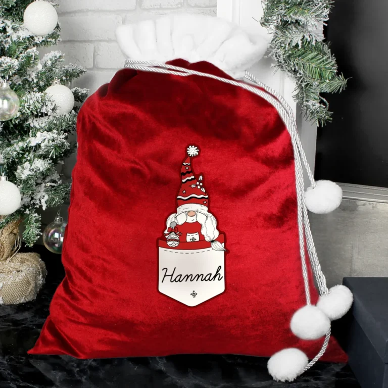 P0510J52 Personalised Gonk Family (Adult Female) Red Luxury Pom Pom Christmas Sack