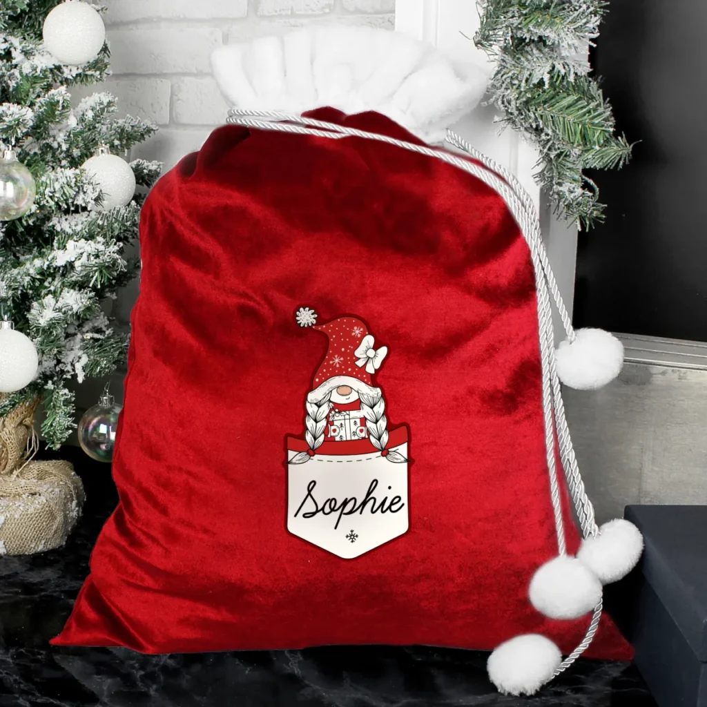 P0510J54 Personalised Gonk Family (Young Girl) Red Luxury Pom Pom Christmas Sack