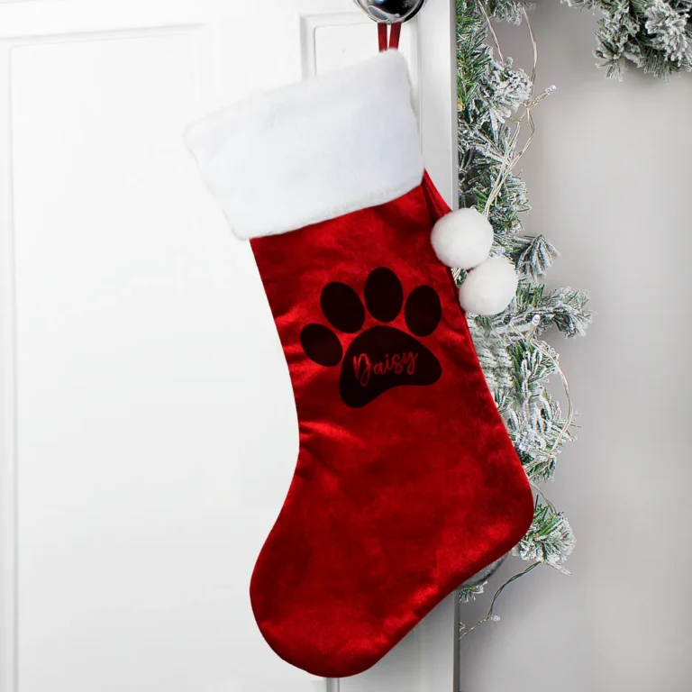 P0510J59 Personalised Pet Paw Print Motif Red Luxury Pom Pom Christmas Stocking