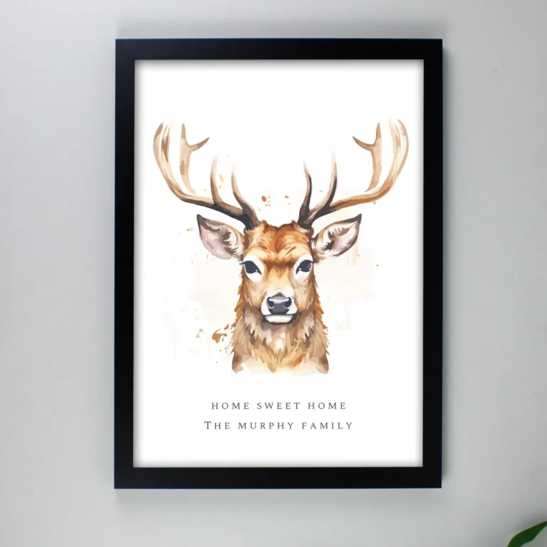 P0511B03 Personalised Watercolour Stag Design Black A4 Framed Print