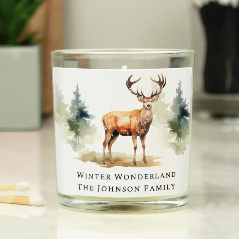 P0512AF45 Personalised Watercolour Stag Design Christmas Scented Glass Jar Candle