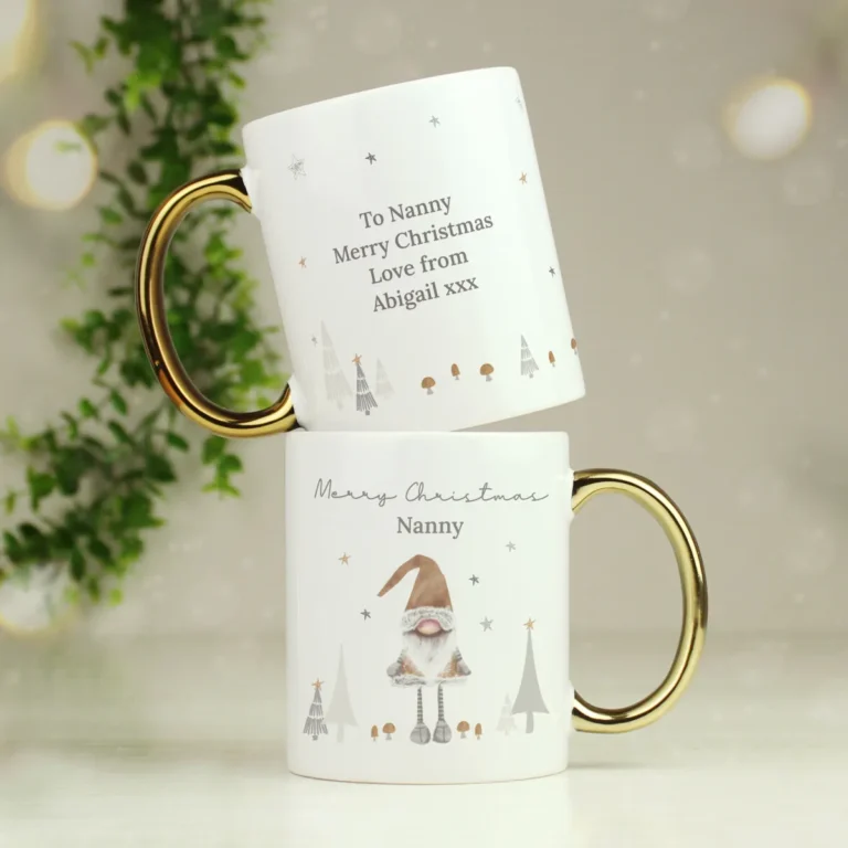 P0805O14 Personalised Christmas Gonk Design Gold Handed White Ceramic Mug