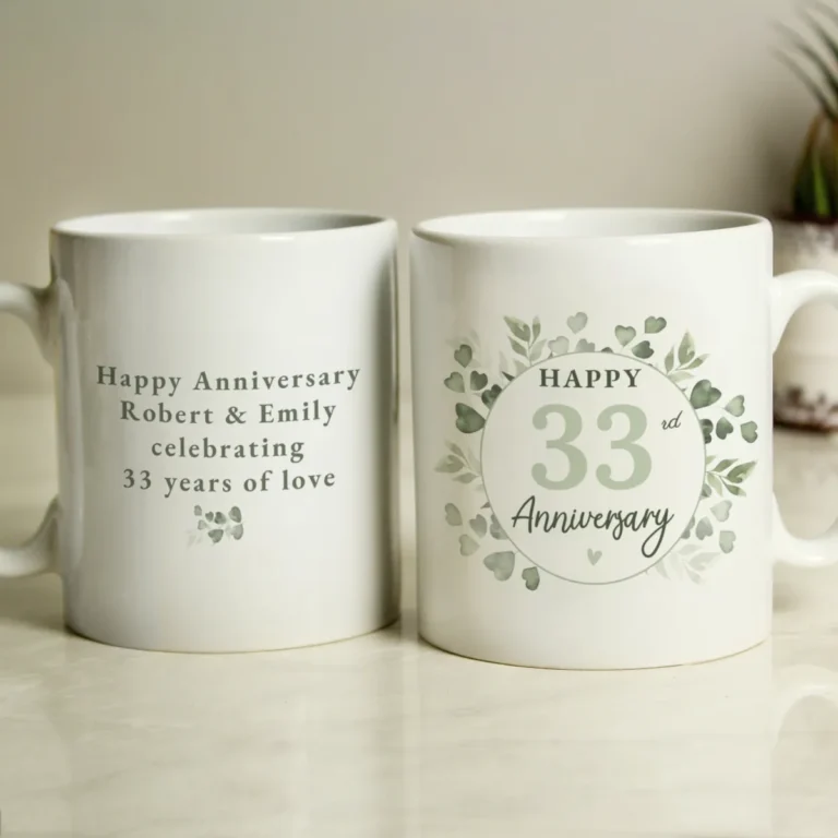 P0805O18 Personalised Botanical Design Anniversary White Ceramic Mug