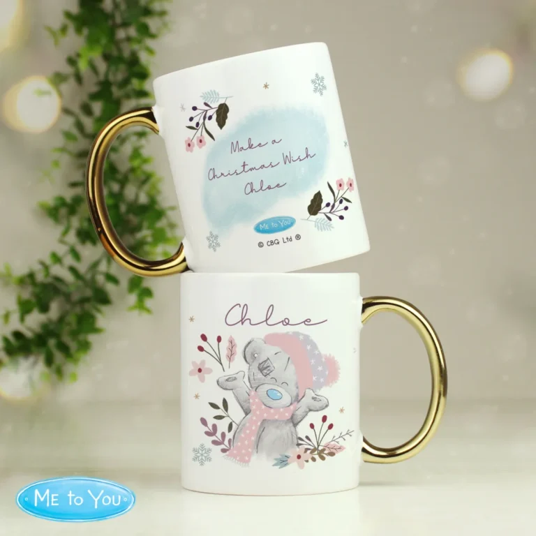 P0805O19 Personalised Me to You Christmas Cosy Winter White Ceramic Gold Handled Mug