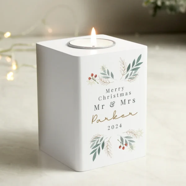 P1011F23 Personalised Christmas Foliage Design White Wooden Tea Light Candle Holder