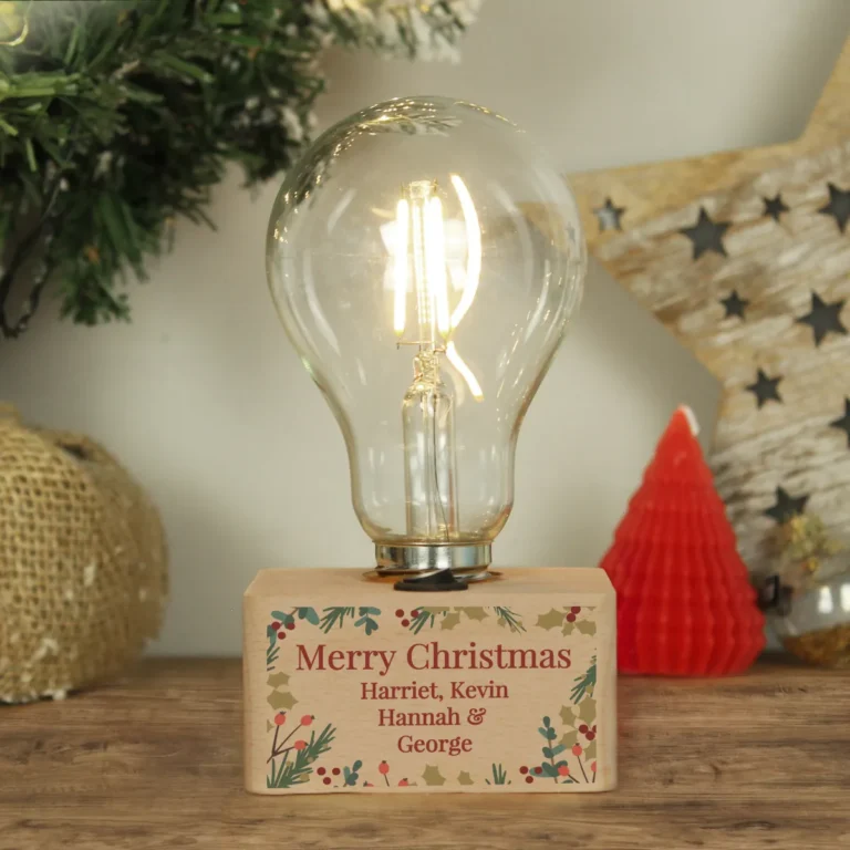 P1011H22 Personalised Christmas Foliage Design Wooden Base Light Bulb