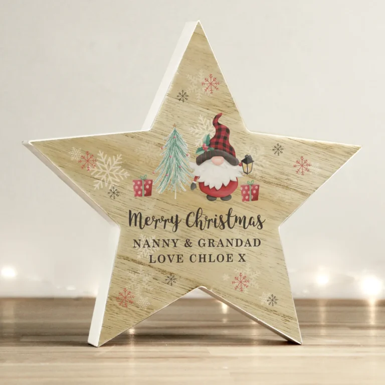 P1011H24 Personalised Christmas Gonk Wooden Star Decoration