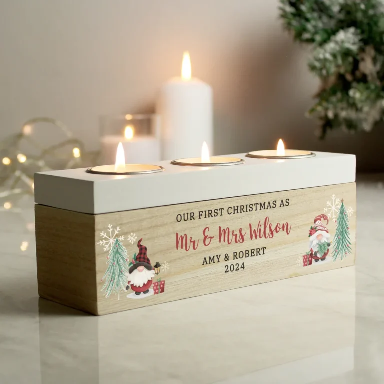 P1011H25 Personalised Christmas Gonk Wooden Triple Tea Light Candle Box