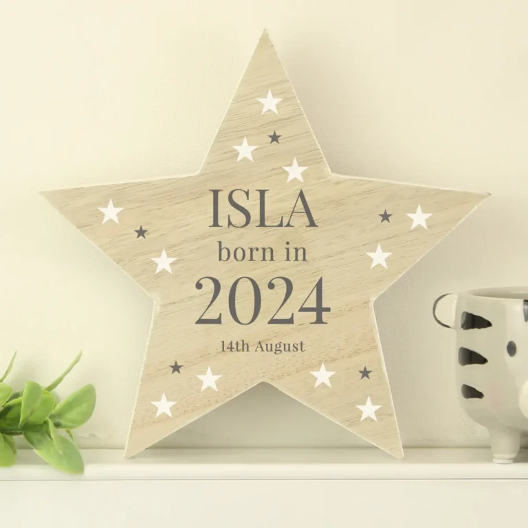 P1011H27 Personalised 'Born In' New Baby Wooden Star Decoration