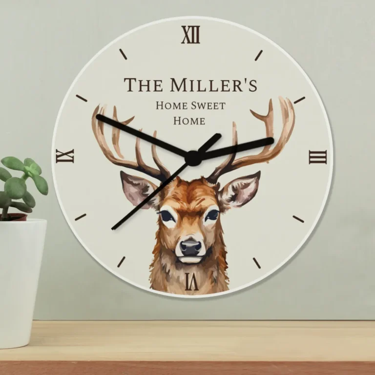 P1011H29 Personalised Watercolour Stag Design Wooden Wall Clock