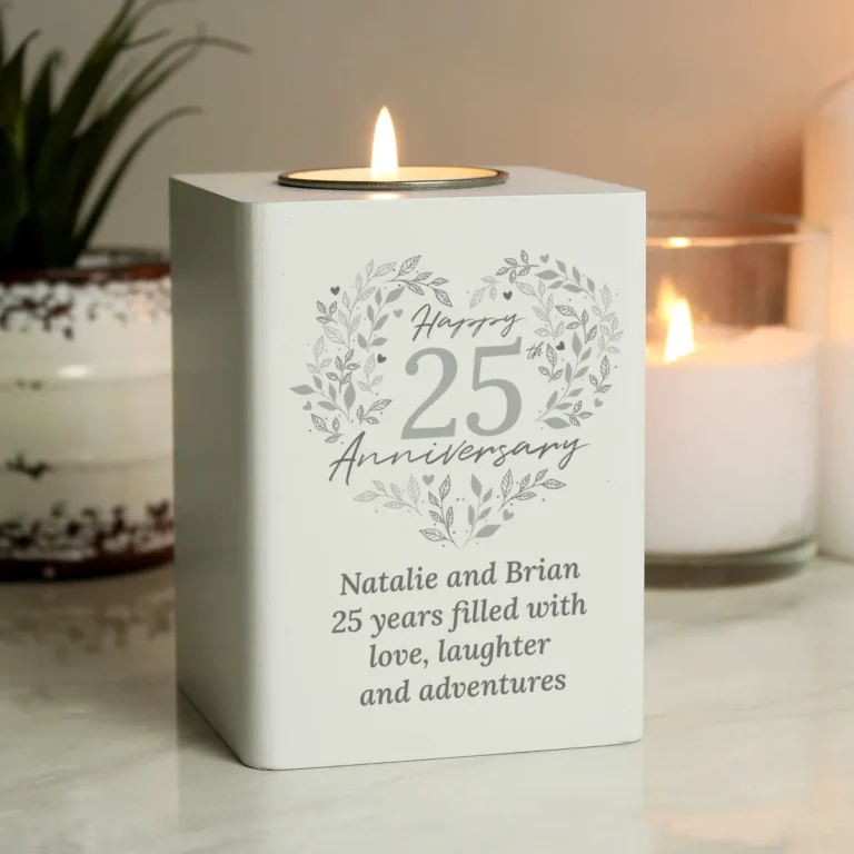 P1011H34 Personalised 25th Silver Wedding Anniversary White Wooden Tea Light Candle Holder